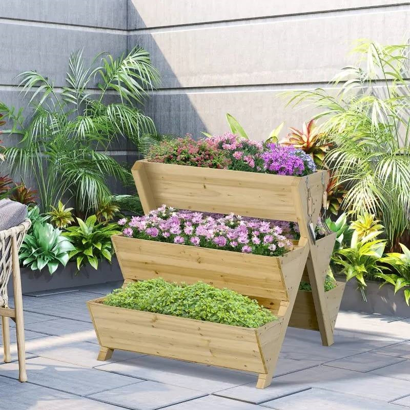 3-Tier Outdoor Fir Wood Elevated Planter Herb Flower Box Raised Garden Bed-2