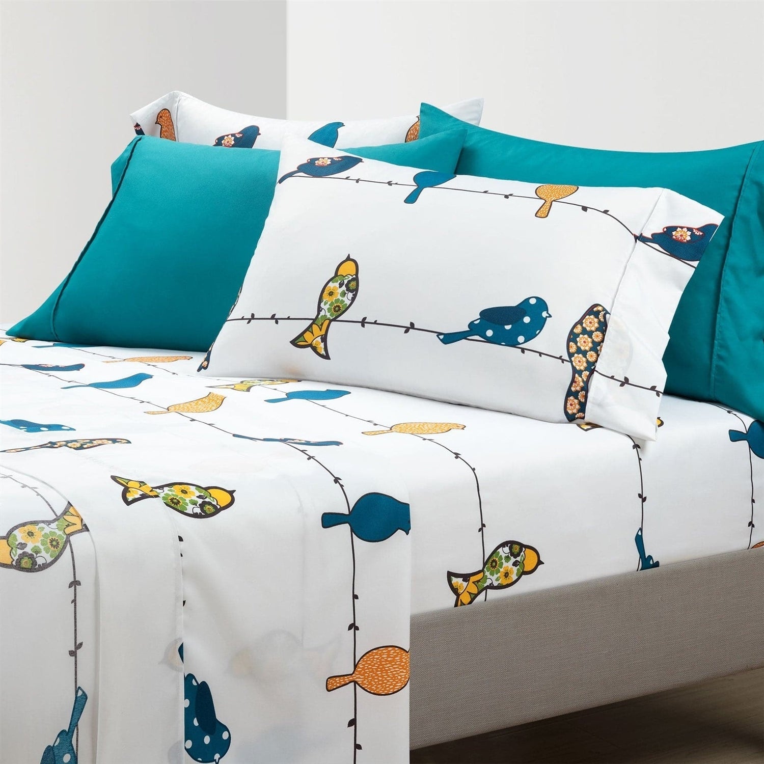 Full Teal Yellow White Floral Birds on Wire Soft Polyester 6 Piece Sheet Set-0