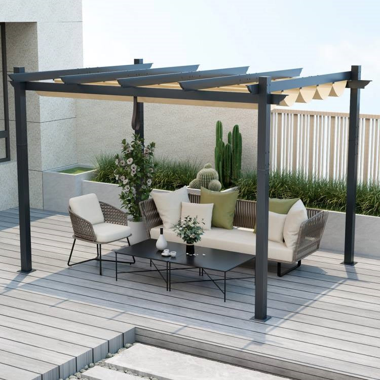 Modern 10 x 12 Ft Outdoor Sturdy Pergola Gazebo with Retractable Beige Canopy-1