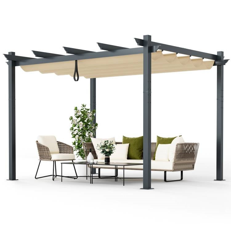 Modern 10 x 12 Ft Outdoor Sturdy Pergola Gazebo with Retractable Beige Canopy-3