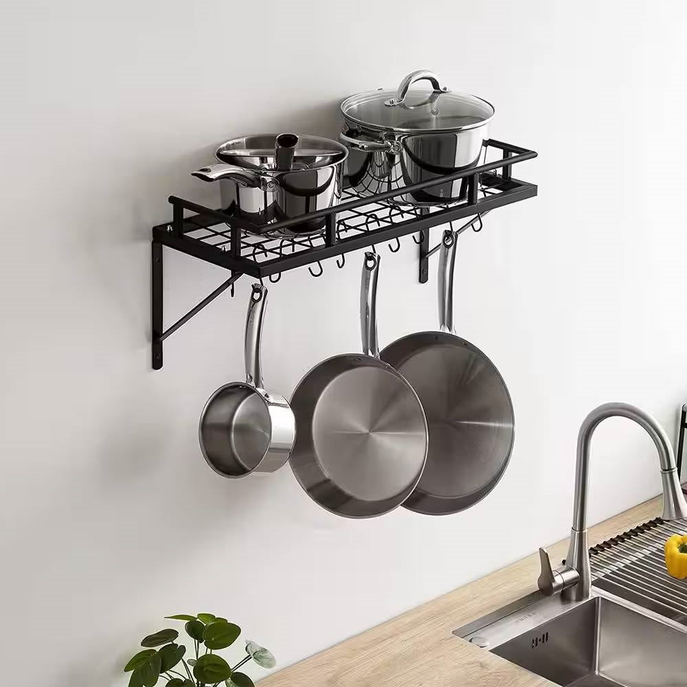 Matte Black Stainless Steel Wall Mounted Pot Rack with 10 Hanging Hooks-0