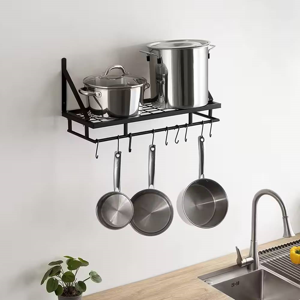 Matte Black Stainless Steel Wall Mounted Pot Rack with 10 Hanging Hooks-3