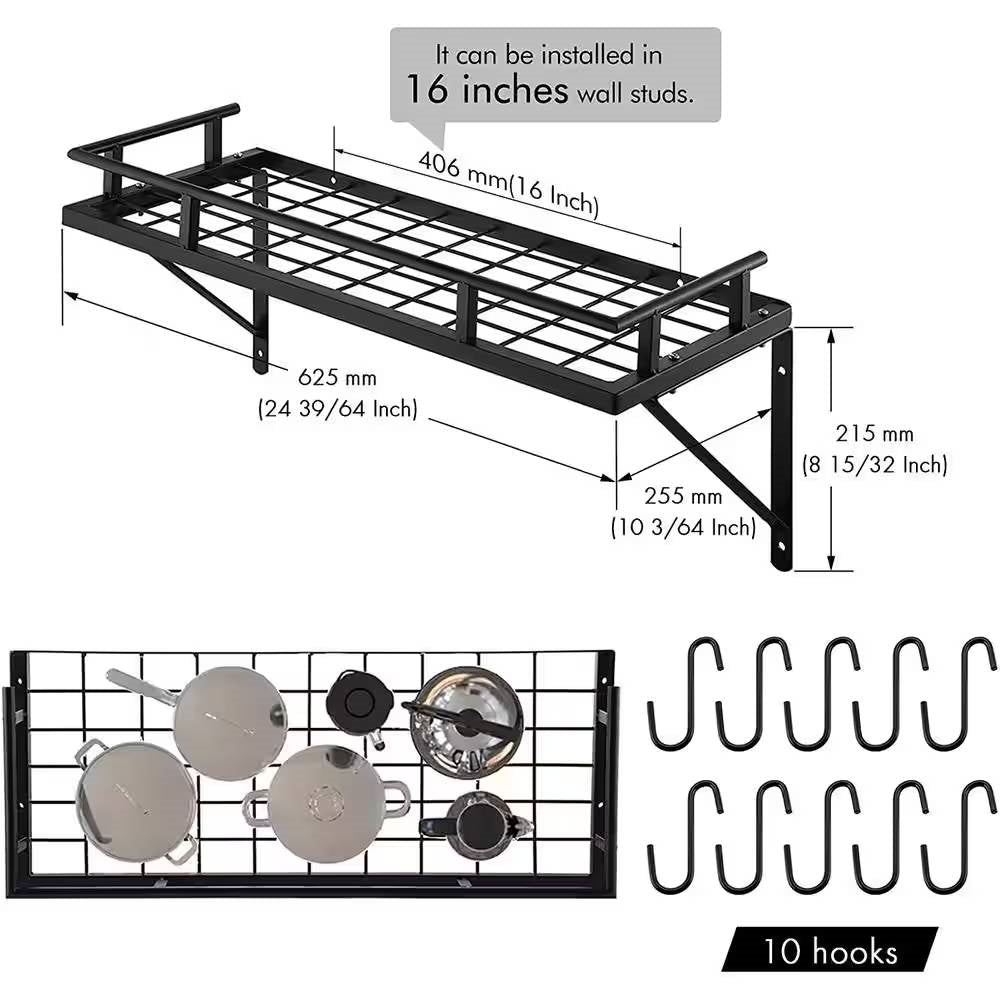 Matte Black Stainless Steel Wall Mounted Pot Rack with 10 Hanging Hooks-4