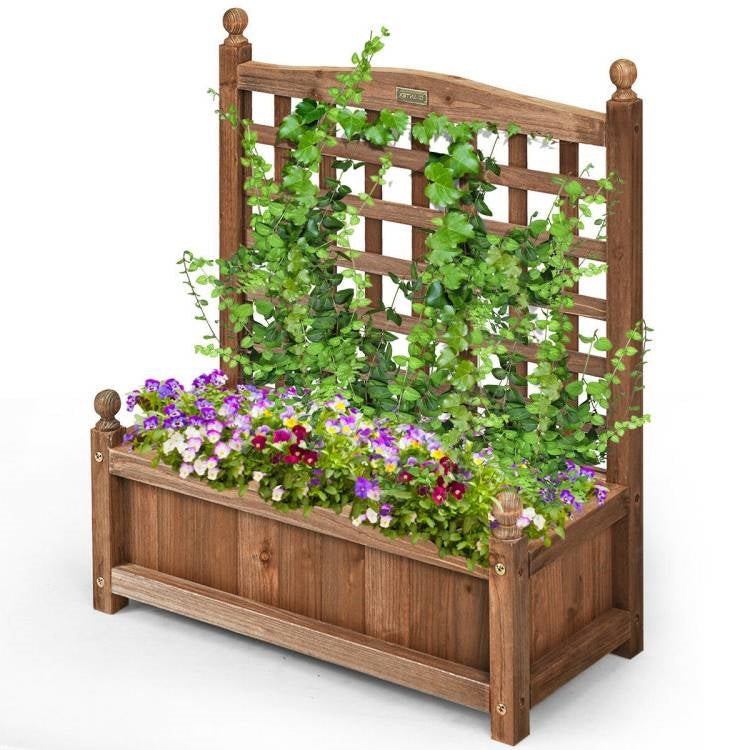 Natural Fir Wood Outdoor Garden Planter Box with 30-inch High Trellis-0