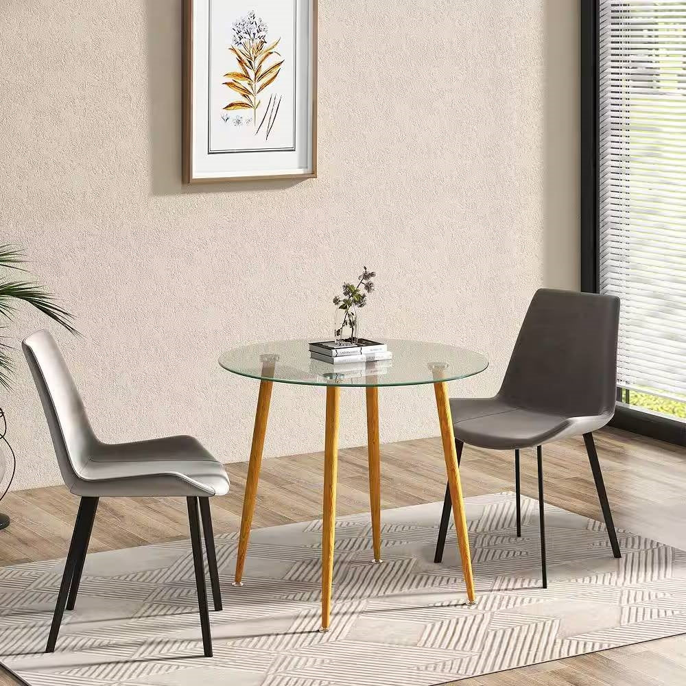 Modern 35.5-inch Round Glass Top Dining Table with Wood-Look Metal Legs-0