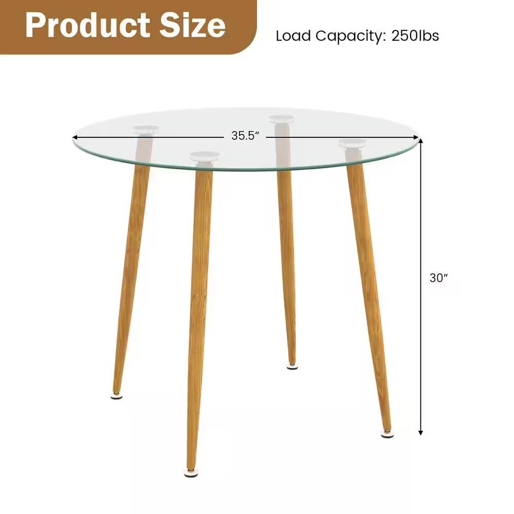 Modern 35.5-inch Round Glass Top Dining Table with Wood-Look Metal Legs-3