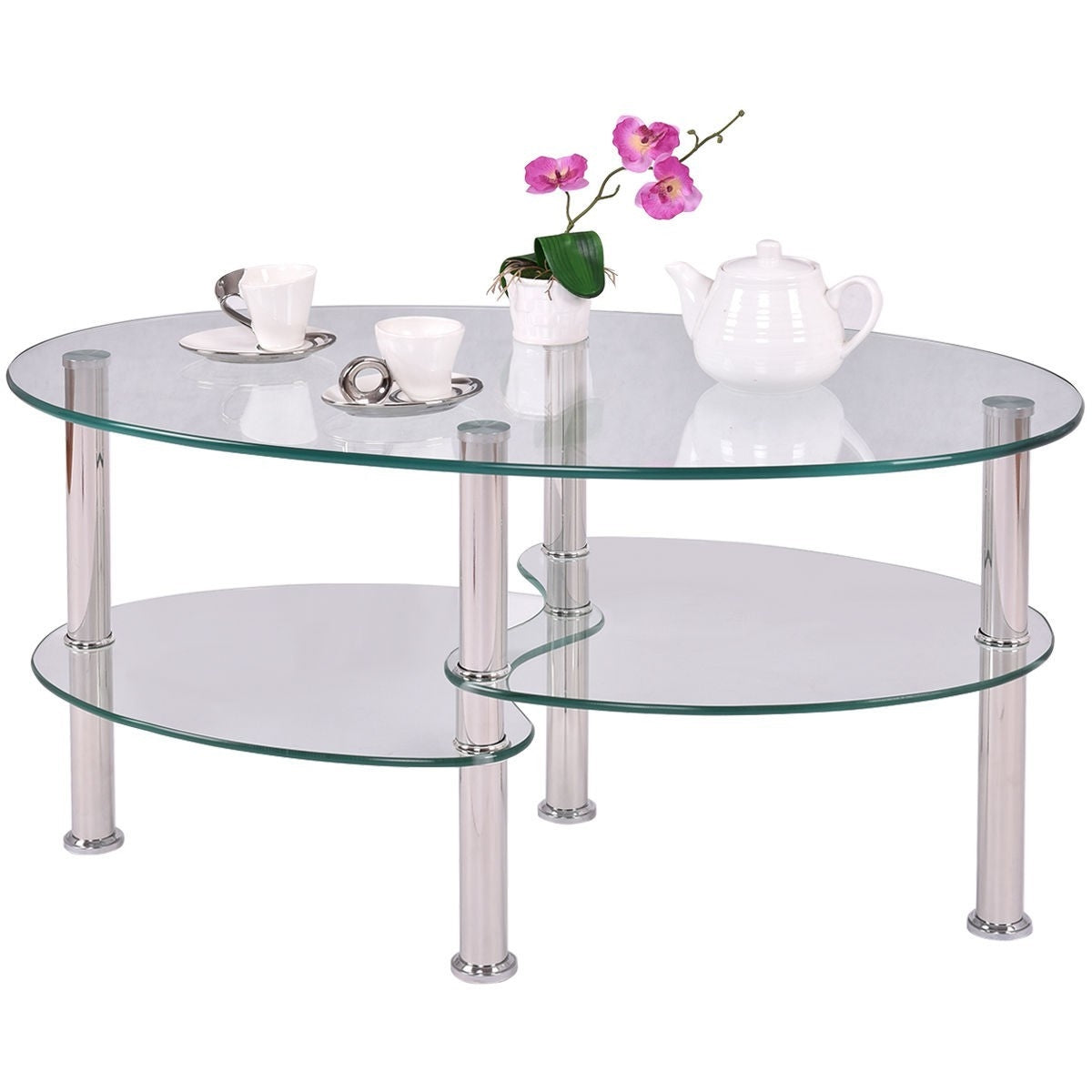 Modern Oval Tempered Glass Coffee Table with Bottom Shelf-0