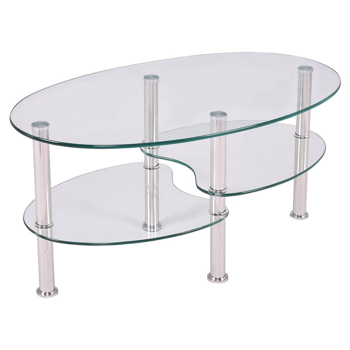 Modern Oval Tempered Glass Coffee Table with Bottom Shelf-1