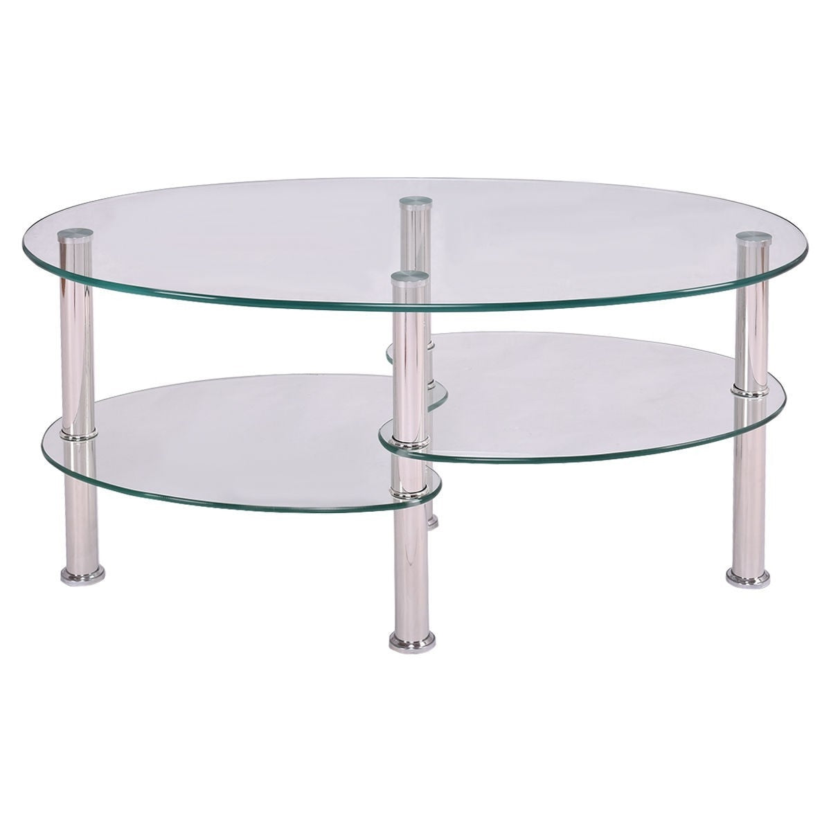 Modern Oval Tempered Glass Coffee Table with Bottom Shelf-2