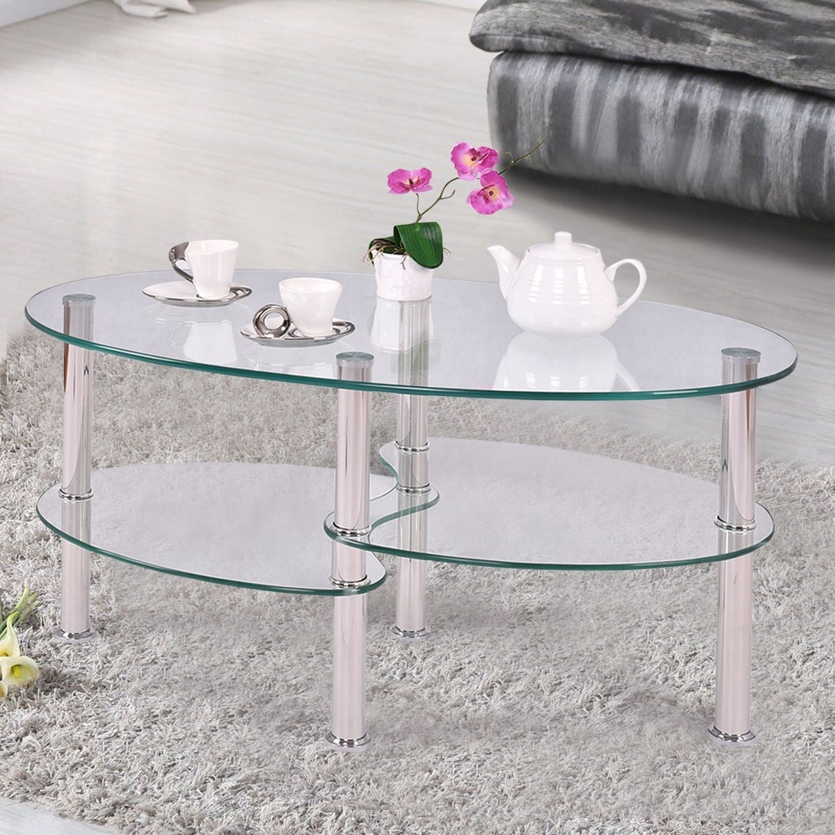 Modern Oval Tempered Glass Coffee Table with Bottom Shelf-4