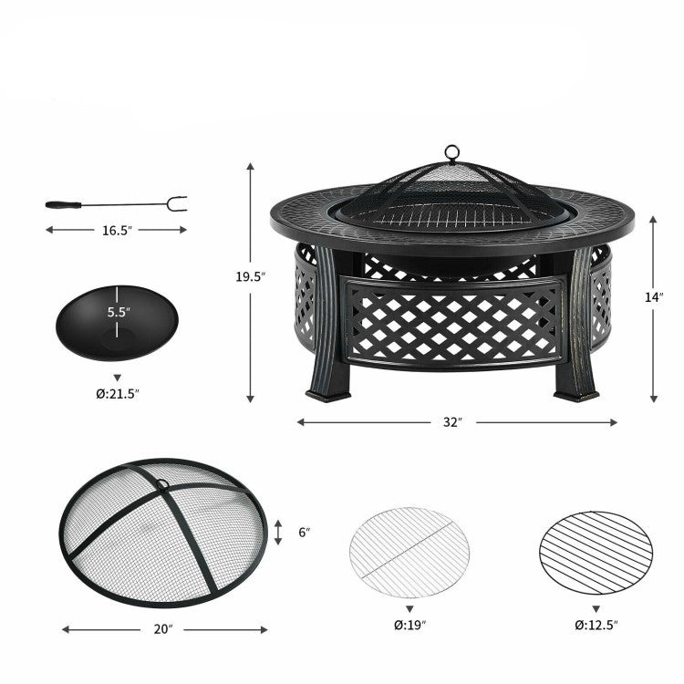 Rustic Steel Outdoor Fire Pit with BBQ Grill with Poker and Mesh Cover-3