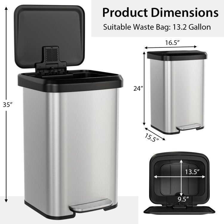 13-Gallon Silver Stainless Steel Step Trash Can with Soft Close Lid-4