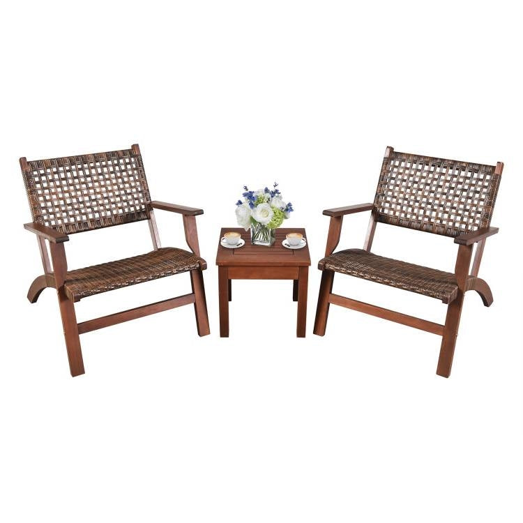 3 Piece Wooden Rattan Outdoor Patio Furniture Chair Table Bistro Set-0