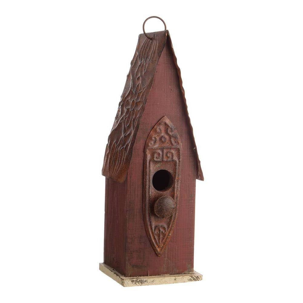 Outdoor Garden Rustic Brown Solid Wood and Iron Bird House-0