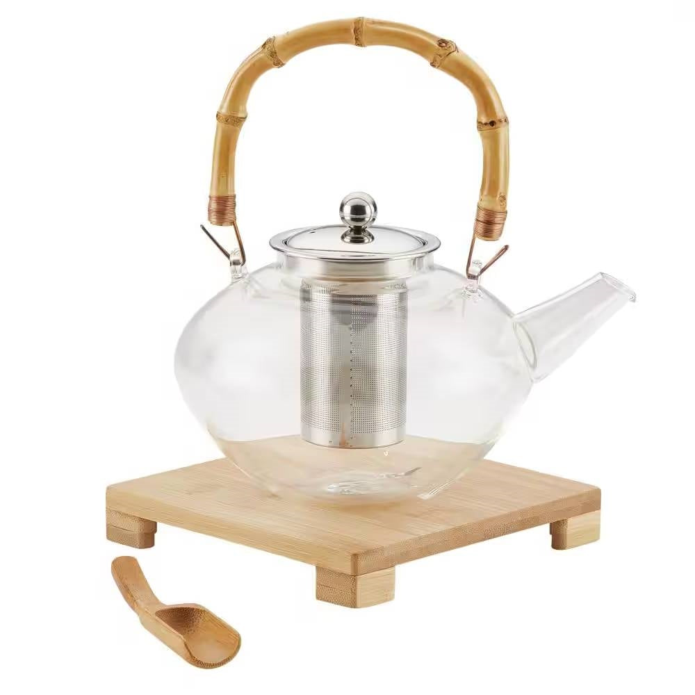 1 Quart Glass Teapot Kettle with Stainless Steel Tea Infuser and Bamboo Handle-0