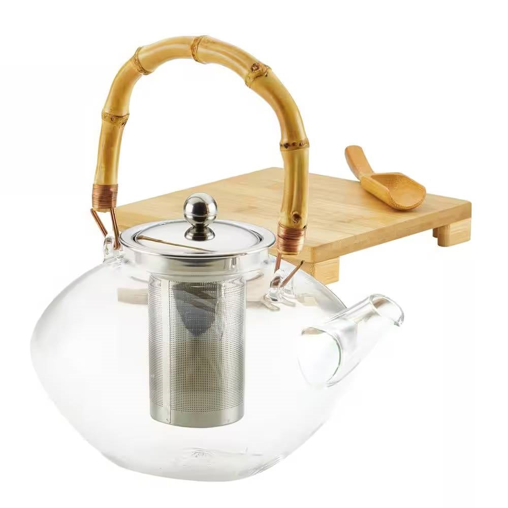 1 Quart Glass Teapot Kettle with Stainless Steel Tea Infuser and Bamboo Handle-2