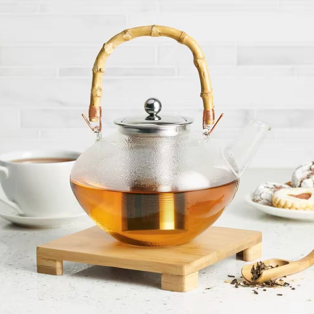 1 Quart Glass Teapot Kettle with Stainless Steel Tea Infuser and Bamboo Handle-3