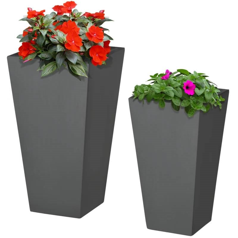 Set of 2 Modern Lightweight Outdoor Flower Pot Planters in Grey 22-in and 18-in-0