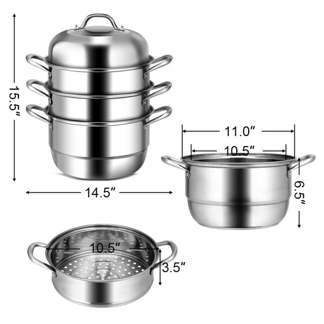 3 Tier Large Stainless Steel Steamer Cookware Set-3