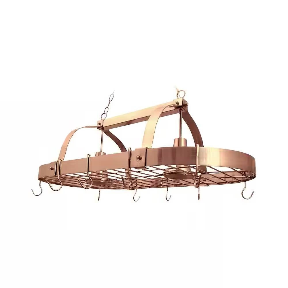 Oval Ceiling Mount Kitchen Pot Rack in Copper Finish with 2 Lights-1