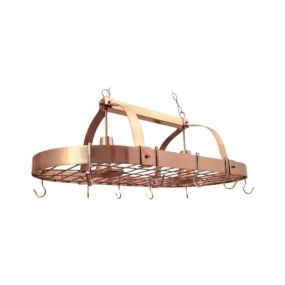 Oval Ceiling Mount Kitchen Pot Rack in Copper Finish with 2 Lights-4