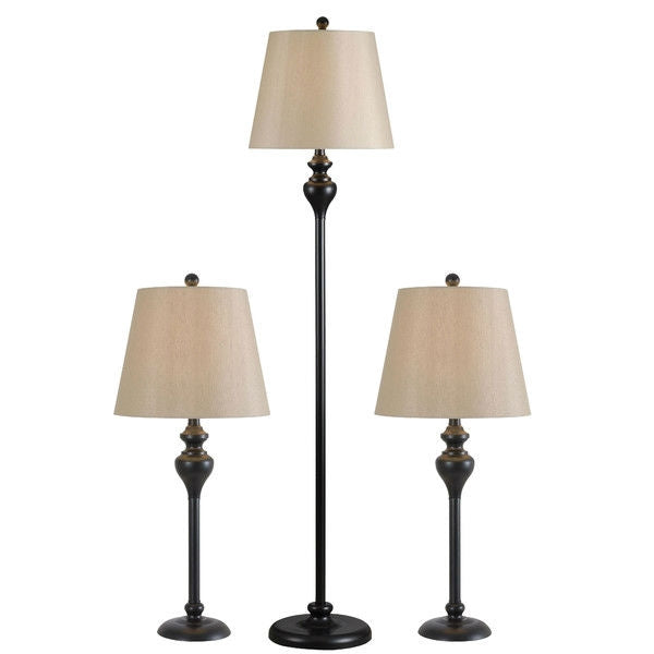 3-Piece Floor Lamp and Table Desk Lamp Set in Black with Light Gold Drum Shades-0