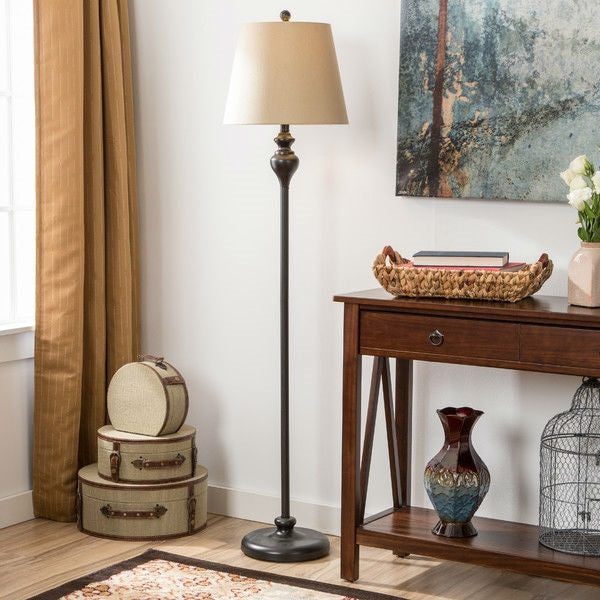 3-Piece Floor Lamp and Table Desk Lamp Set in Black with Light Gold Drum Shades-2