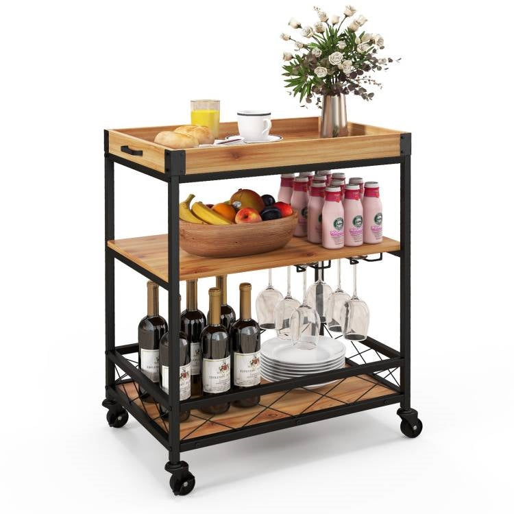 Modern Metal Wood Shelf Kitchen Serving Bar Cart with Removable Top Tray-0