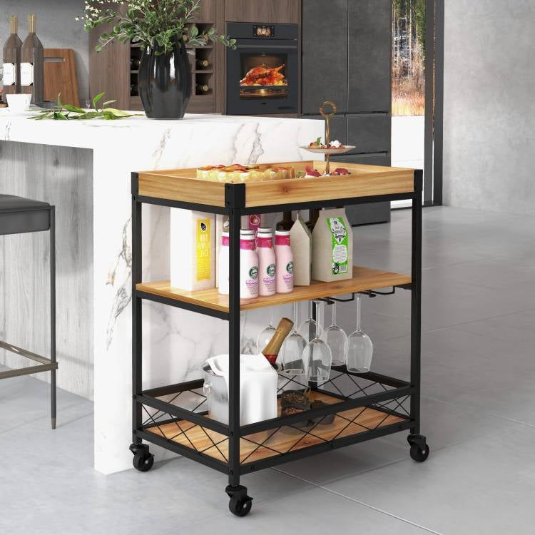 Modern Metal Wood Shelf Kitchen Serving Bar Cart with Removable Top Tray-1