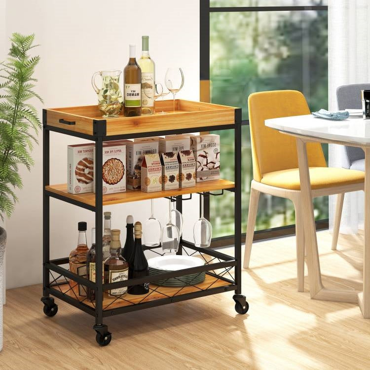 Modern Metal Wood Shelf Kitchen Serving Bar Cart with Removable Top Tray-2