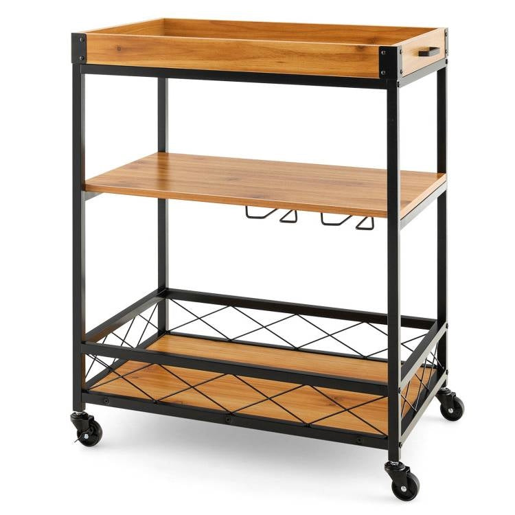 Modern Metal Wood Shelf Kitchen Serving Bar Cart with Removable Top Tray-3