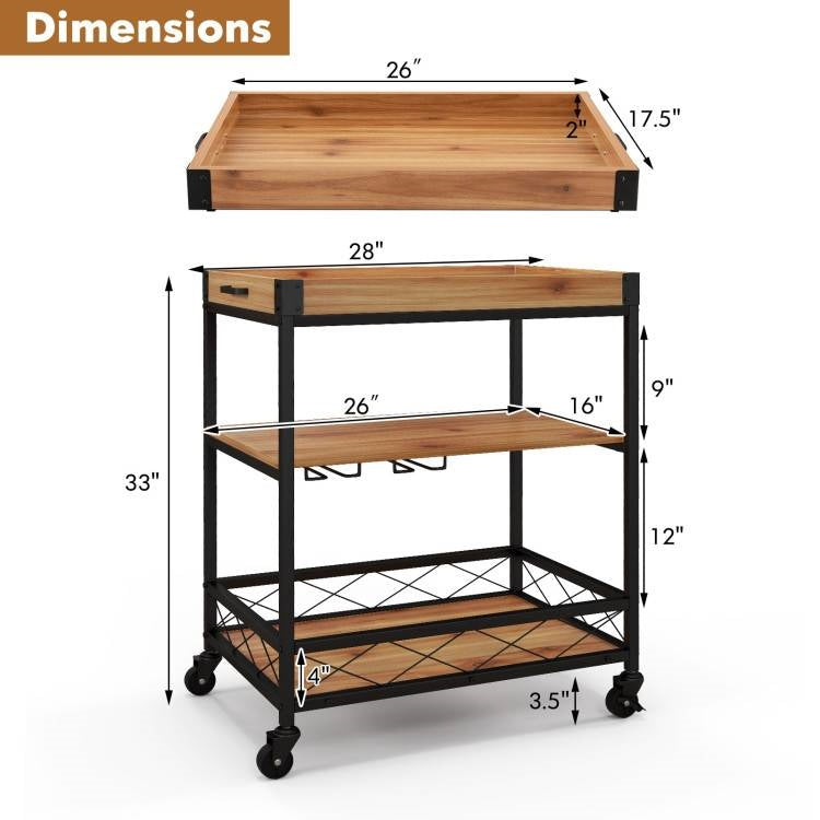 Modern Metal Wood Shelf Kitchen Serving Bar Cart with Removable Top Tray-4