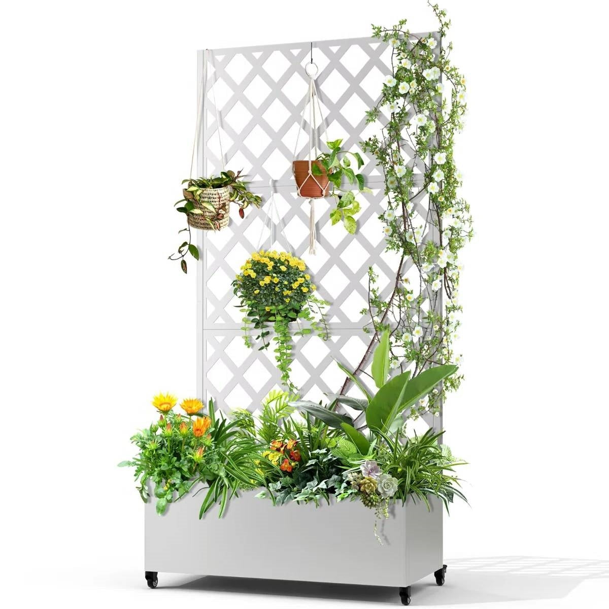 White Metal Outdoor Raised Garden Bed Planter Box with Trellis on Wheels-0