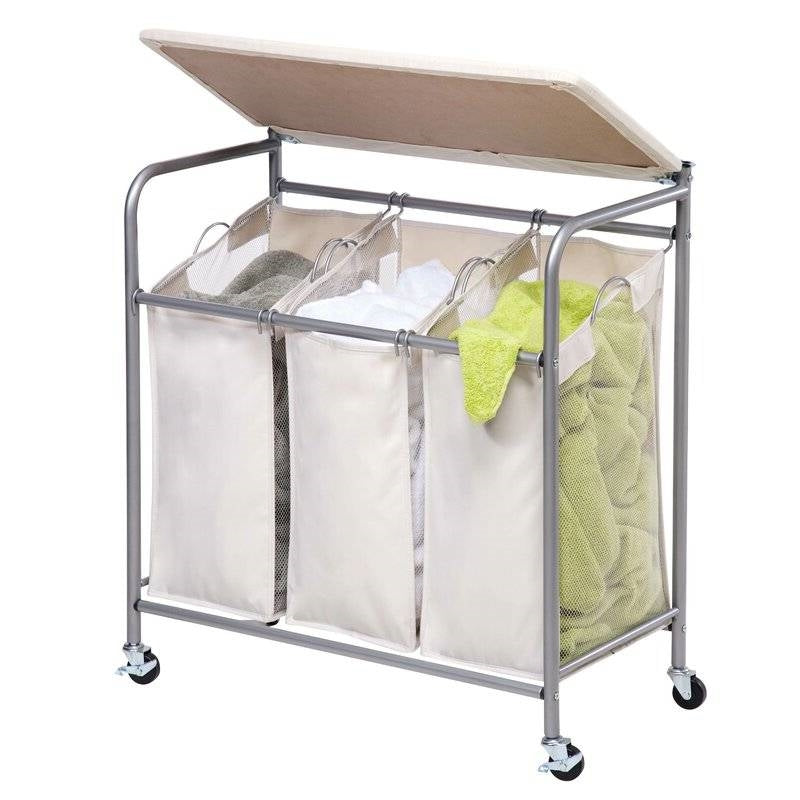 3 Section Wheeled Laundry Sorter Cart with Lift Top Folding Ironing Board-0