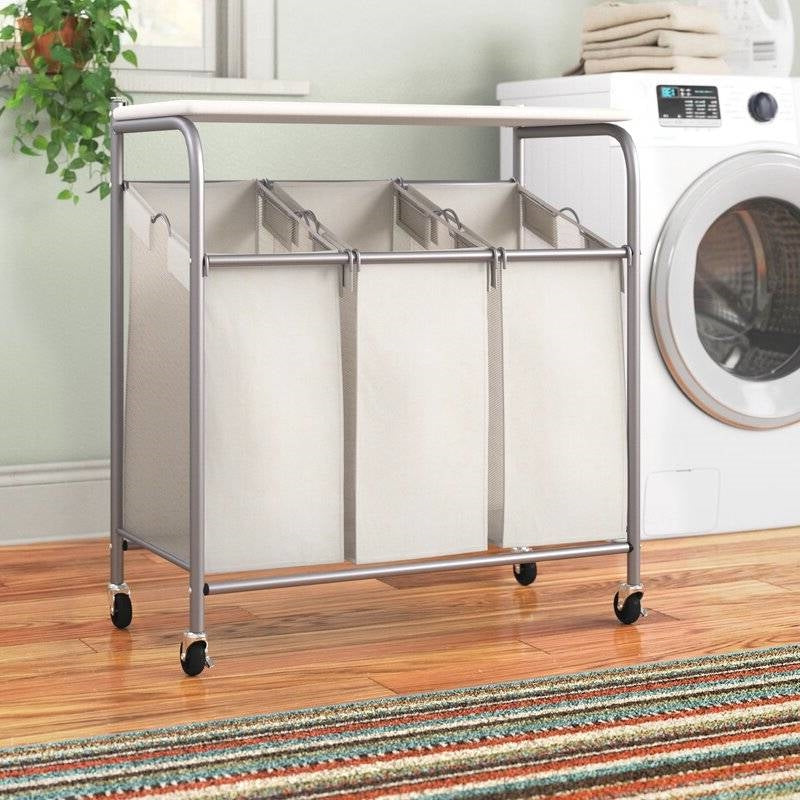 3 Section Wheeled Laundry Sorter Cart with Lift Top Folding Ironing Board-1