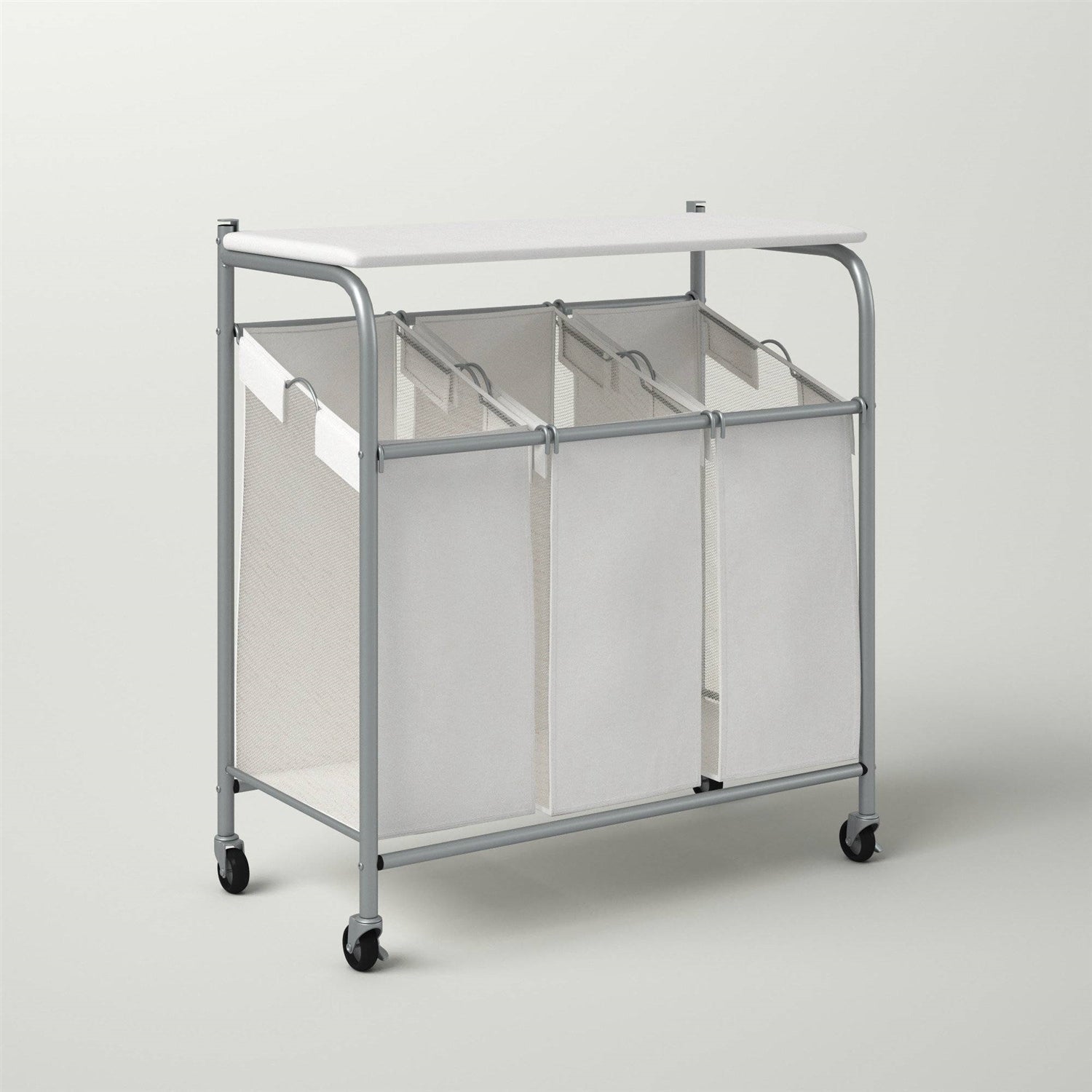 3 Section Wheeled Laundry Sorter Cart with Lift Top Folding Ironing Board-2