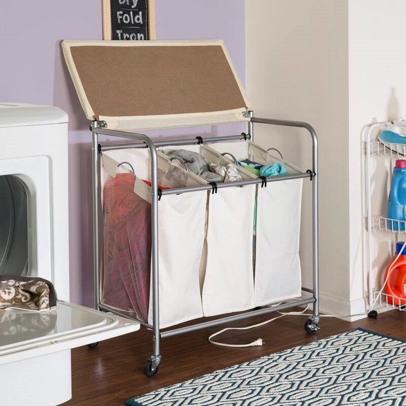 3 Section Wheeled Laundry Sorter Cart with Lift Top Folding Ironing Board-3