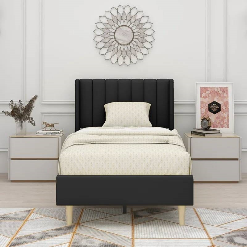 Twin size Mid-Century Black Linen Platform Bed Frame with Upholstered Headboard-1