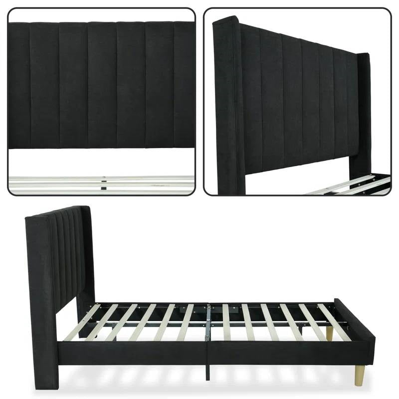 Twin size Mid-Century Black Linen Platform Bed Frame with Upholstered Headboard-3