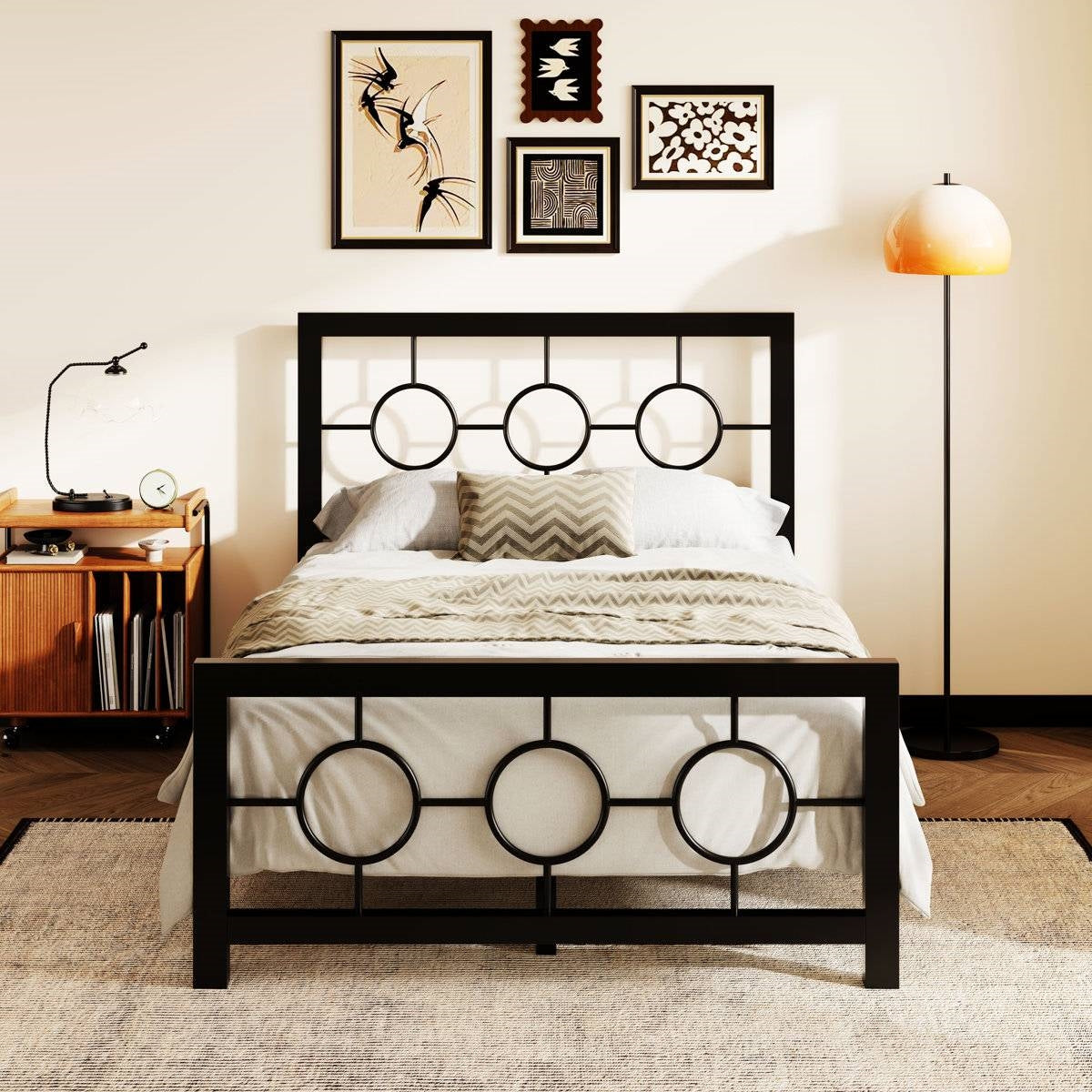 Twin Black Metal Platform Bed Frame with Circle Medallion Headboard Footboard-1