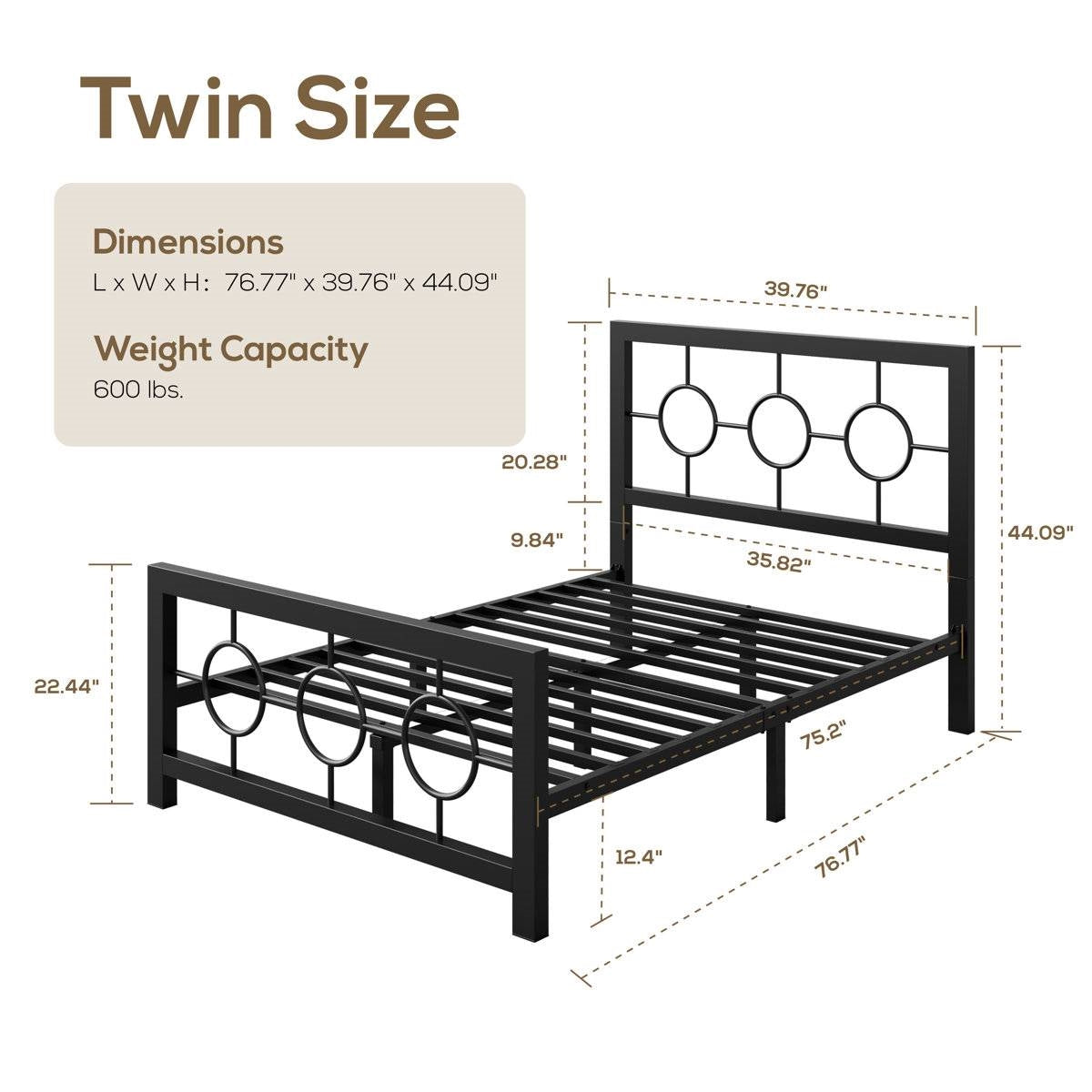 Twin Black Metal Platform Bed Frame with Circle Medallion Headboard Footboard-4