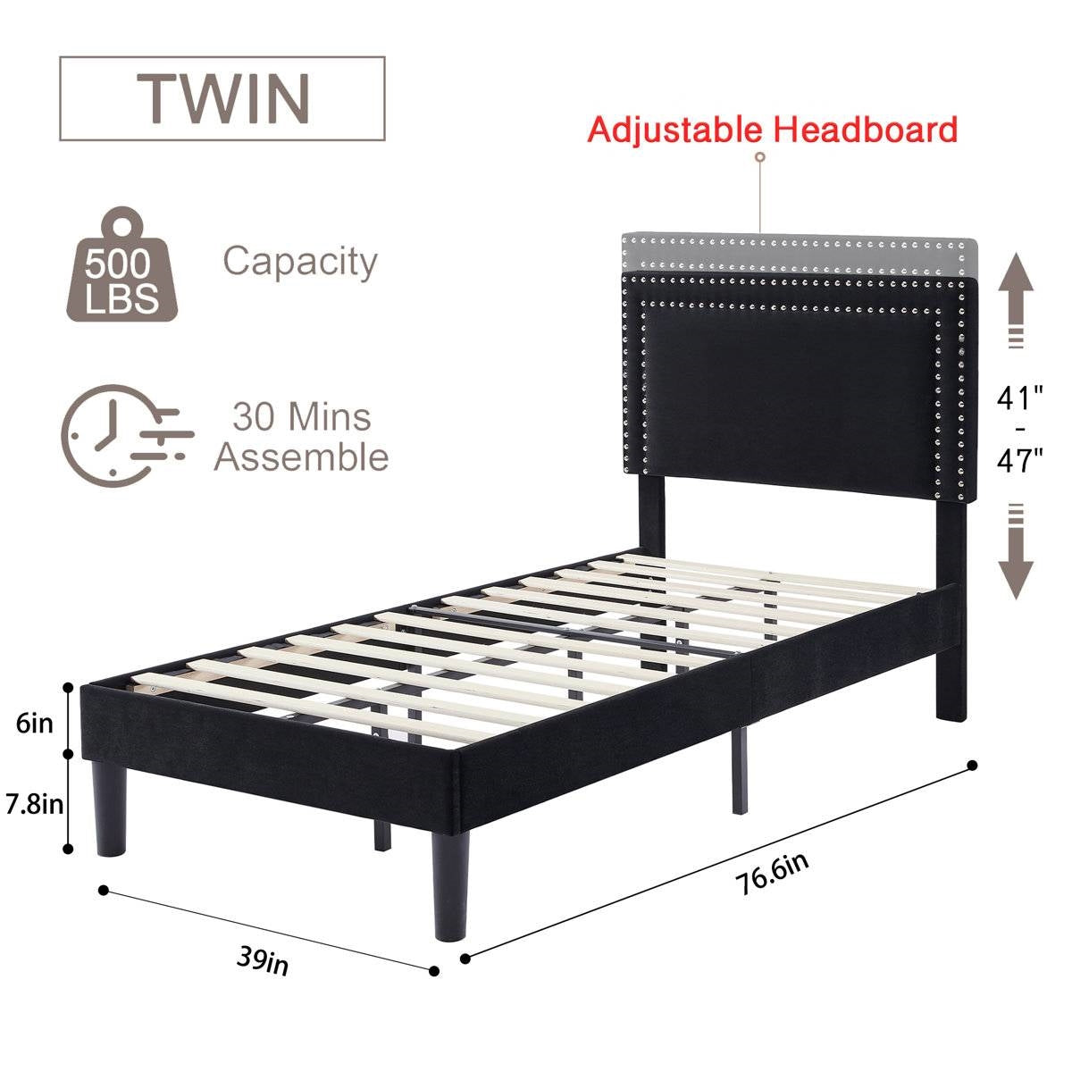 Set of 2 - Twin Dorm Style Black Tufted Upholstered Platform Bed with Headboard-4