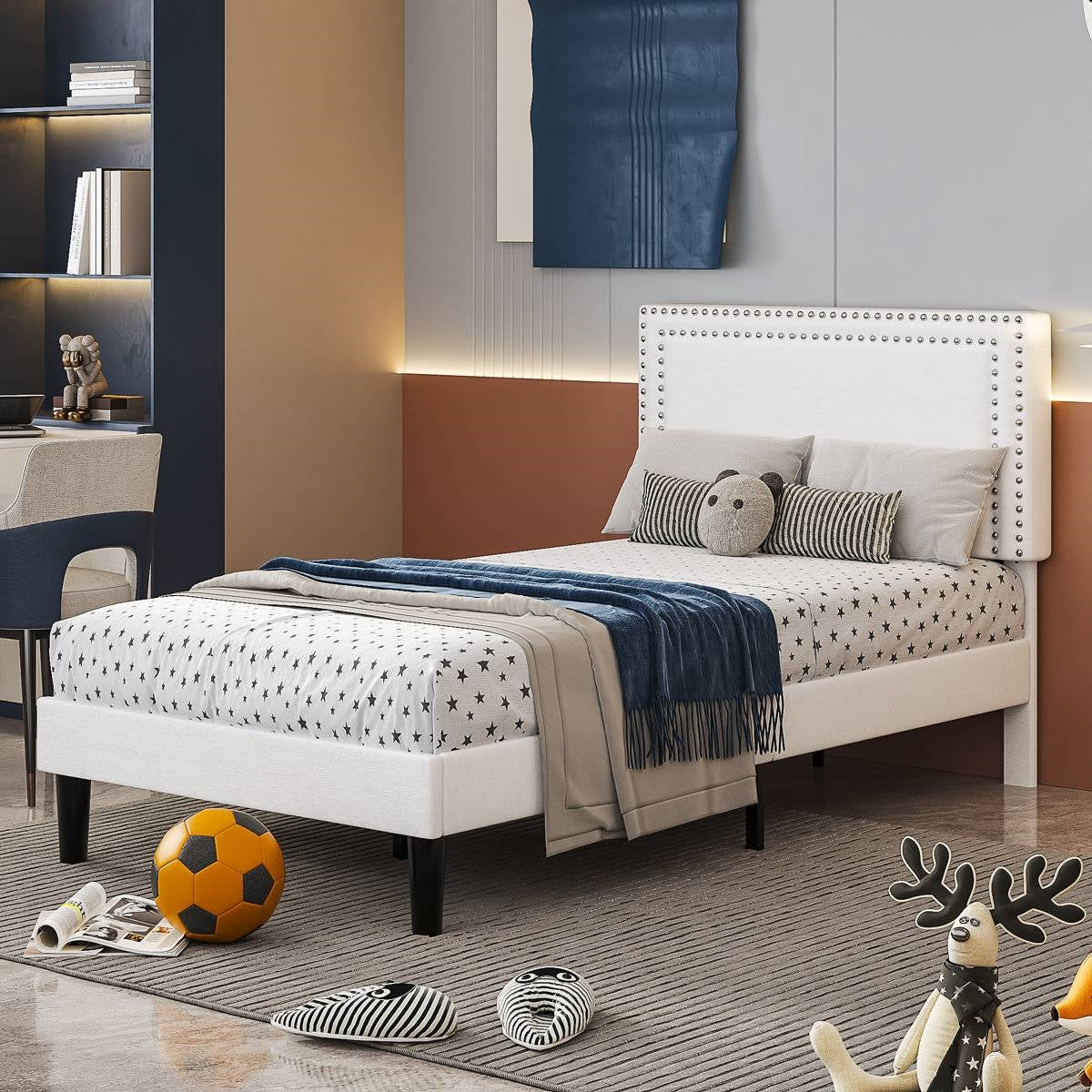 Set of 2 - Twin size White Tufted Upholstered Platform Bed Frame with Headboard-3