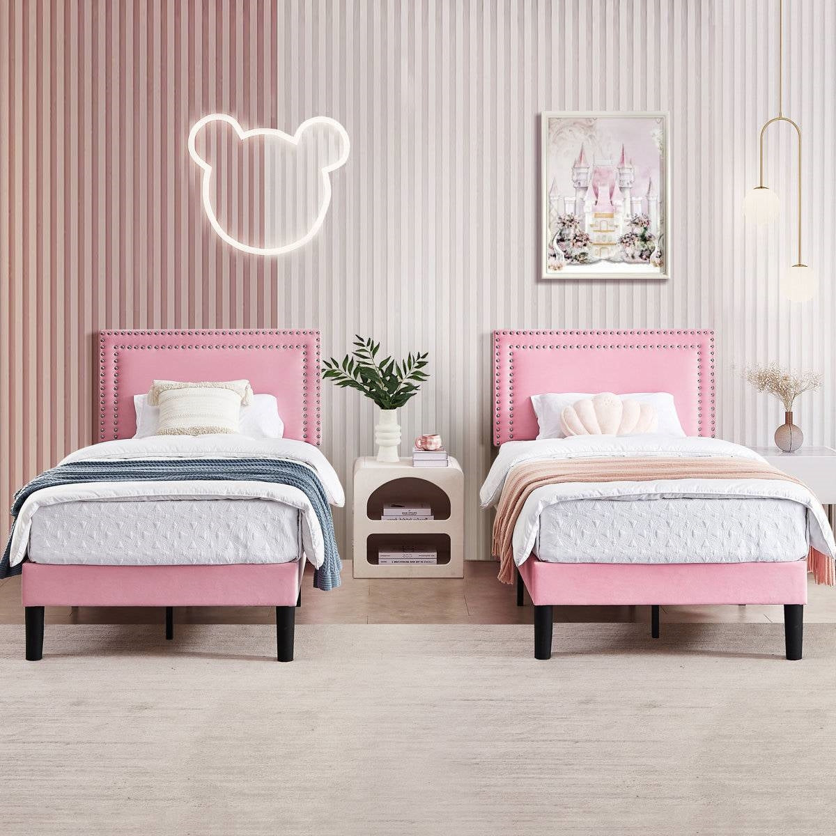 Set of 2 - Twin size Pink Upholstered Platform Bed with Nailhead Trim Headboard-0