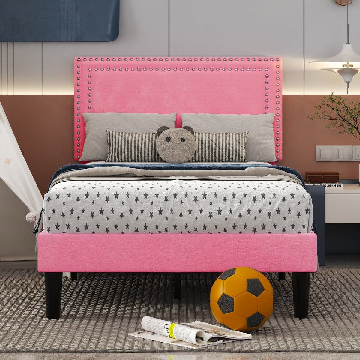 Set of 2 - Twin size Pink Upholstered Platform Bed with Nailhead Trim Headboard-2