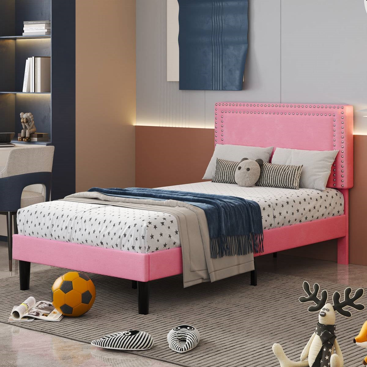 Set of 2 - Twin size Pink Upholstered Platform Bed with Nailhead Trim Headboard-3