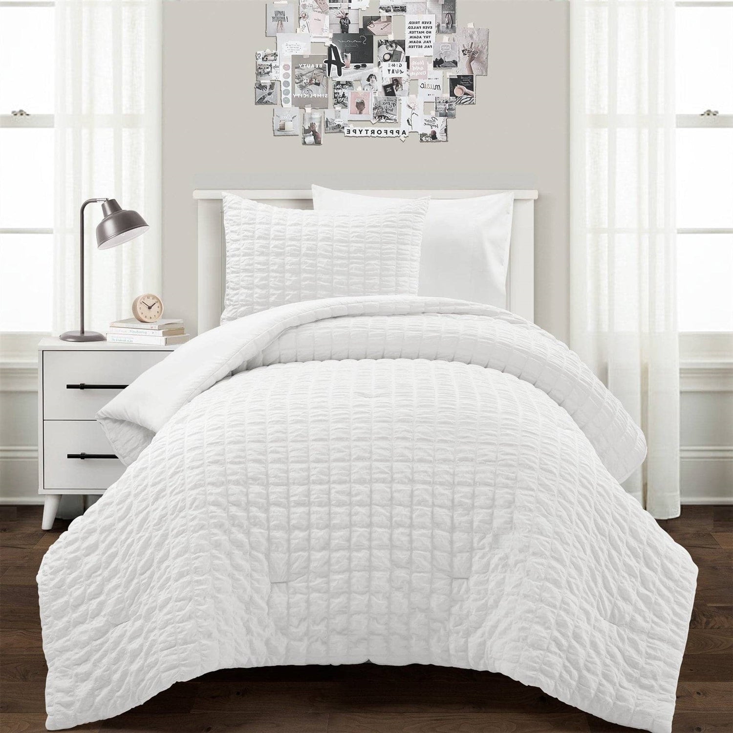 Twin/XL Size Microfiber Crinkled Texture 2 Piece Comforter Set White-0