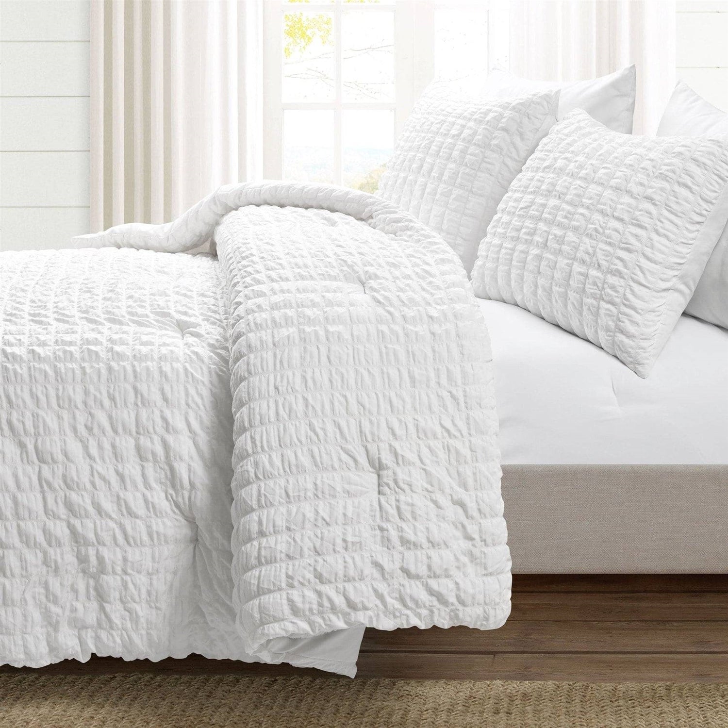 Twin/XL Size Microfiber Crinkled Texture 2 Piece Comforter Set White-1