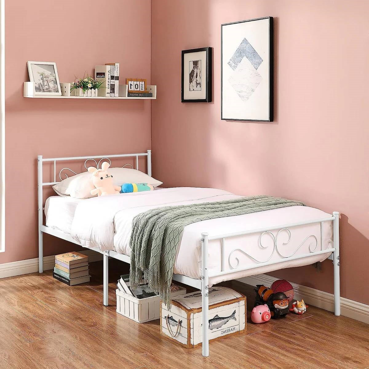Twin size White Metal Platform Bed Frame with Headboard and Footboard-1