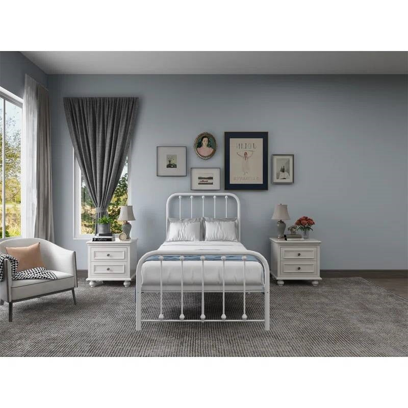 Twin White Metal Bed Frame with Slatted Rounded Corners Headboard and Footboard-2